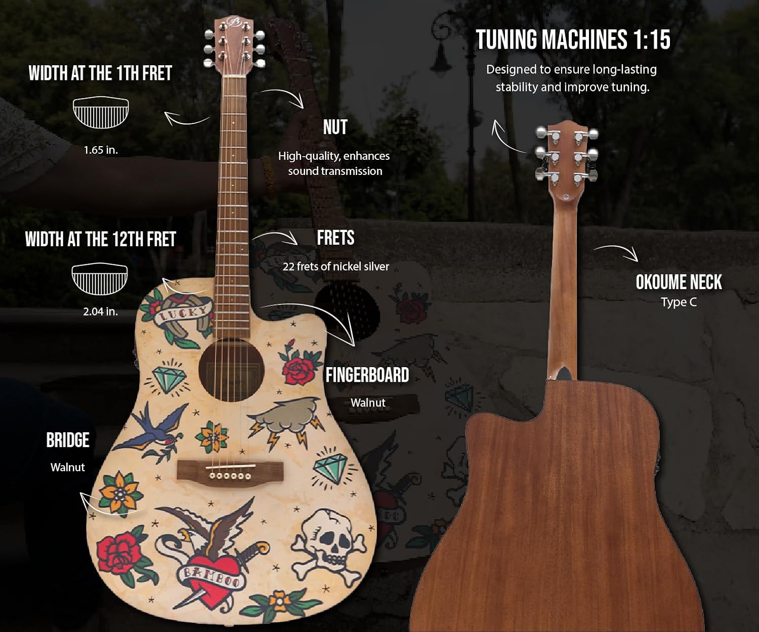 Bamboo 41" Acoustic Electric Guitar. Beginner for Adults and Teens with Gig Bag, Pick, Tuner, Strings, Capo, Strap and Truss Rod Key. Design Old School model.
