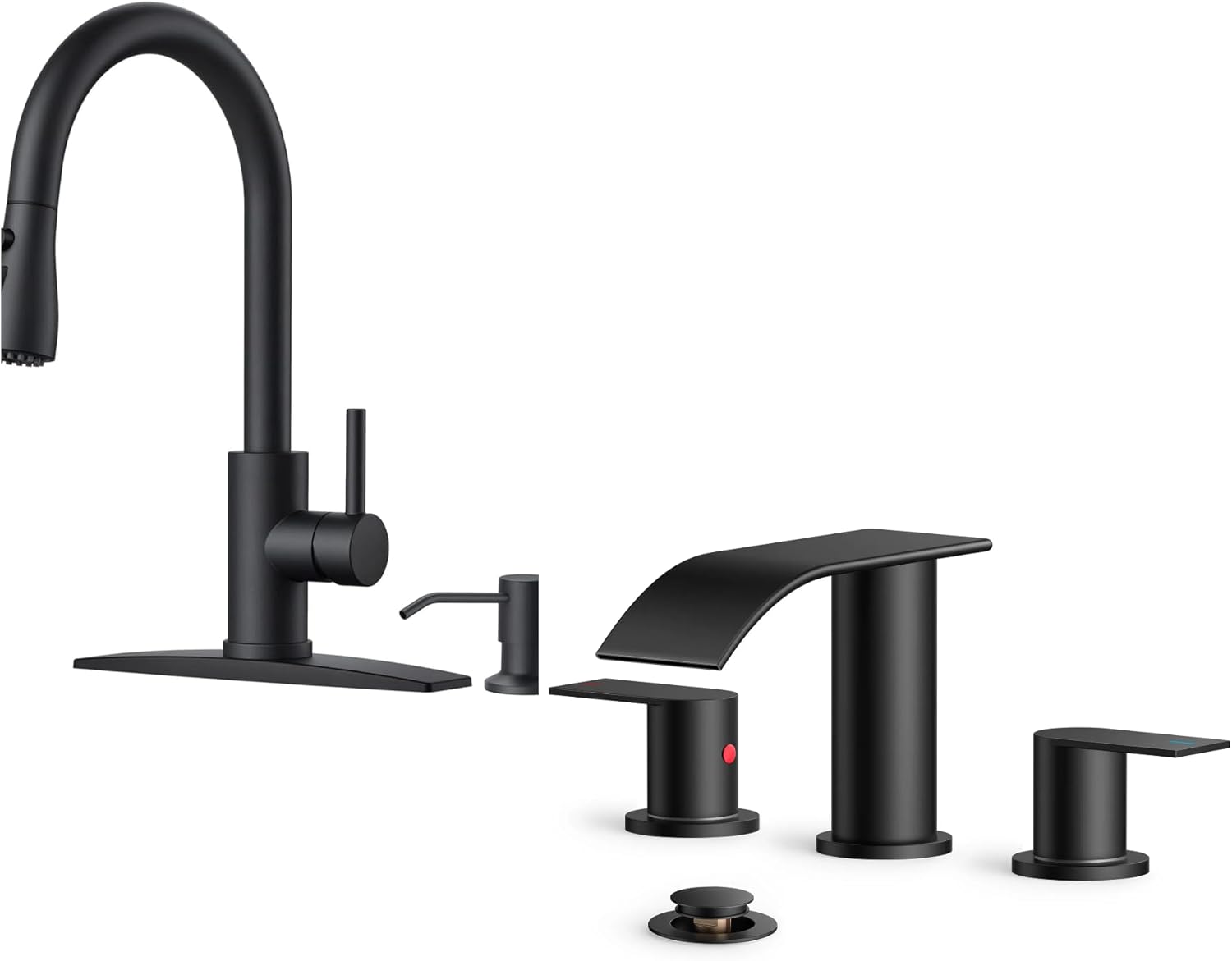 FORIOUS Kitchen Faucets with Pull Down Sprayer + 8 Inch Waterfall Bathroom Faucet 3 Hole