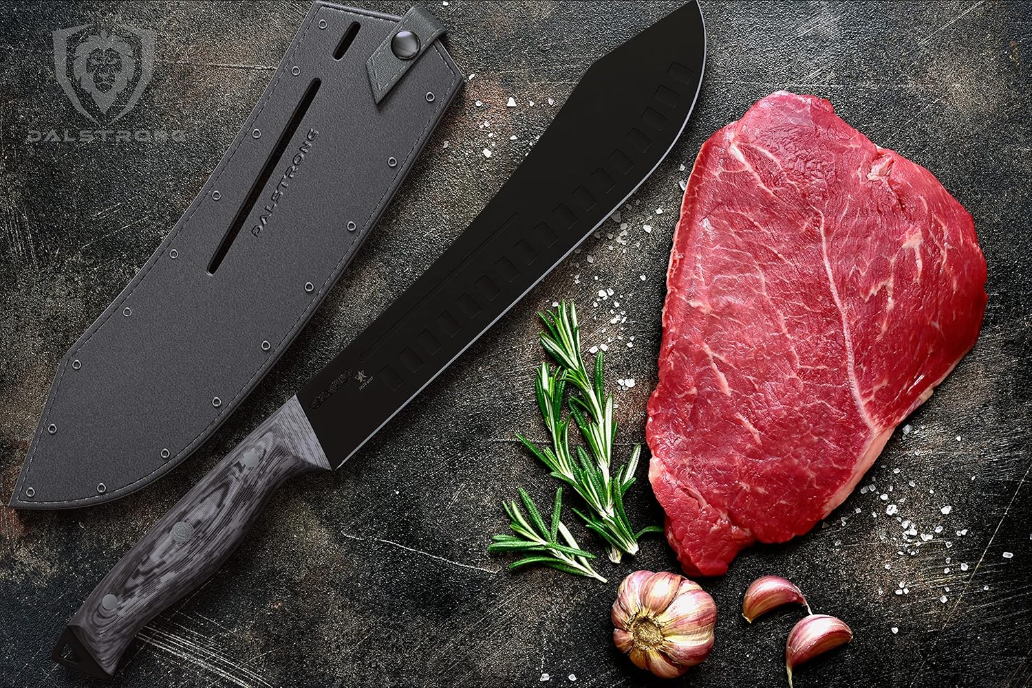 DALSTRONG Bull Nose Butcher Knife - 10 - Delta Wolf Series Knife - Ultra-Thin & Zero Friction Blade - HC 9CR18MOV Steel - Black Titanium Nitride Coating - G10 Camo Handle - Leather Sheath
