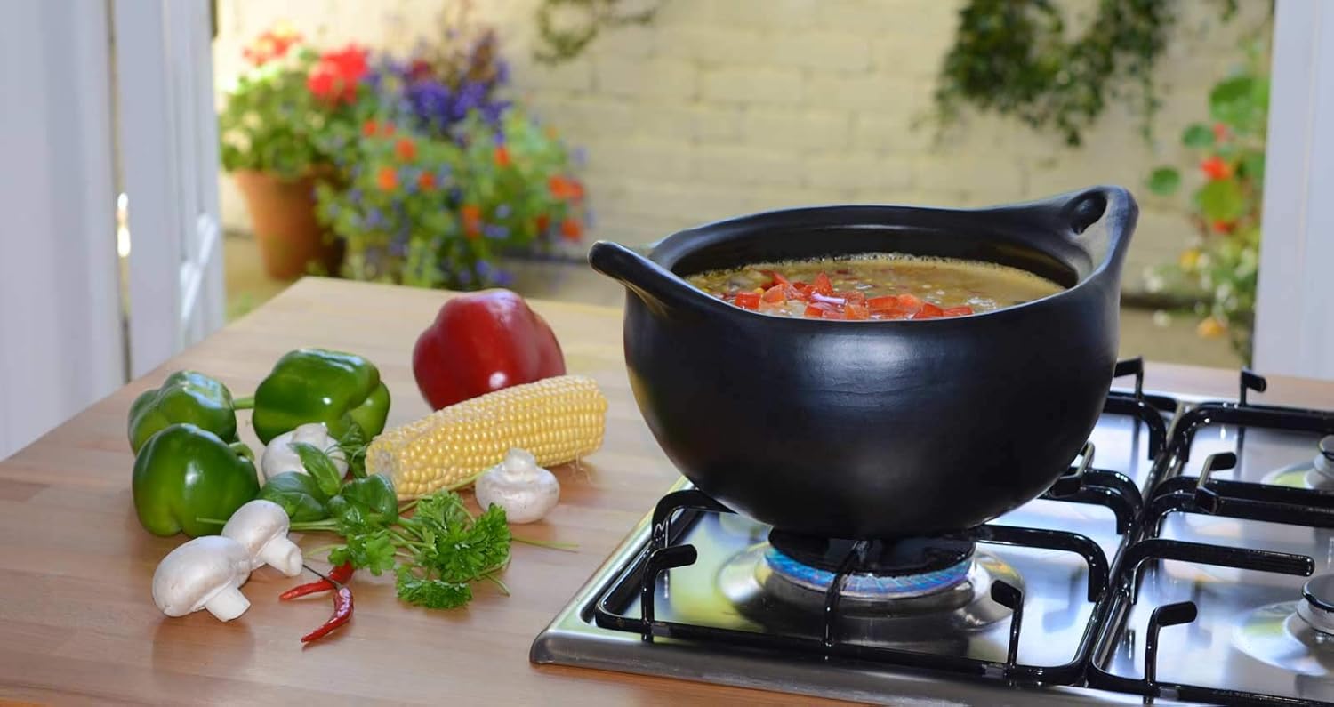 Clay Pot for Cooking with Handles & Lid - Clay Soup Pot - Handmade Cookware Pot - Earthen Casserole - Clay Cooking Pots for Dishes - Stews - Soup Bpwls - Beans & more that stays hot for kitchen 3.5 Lt
