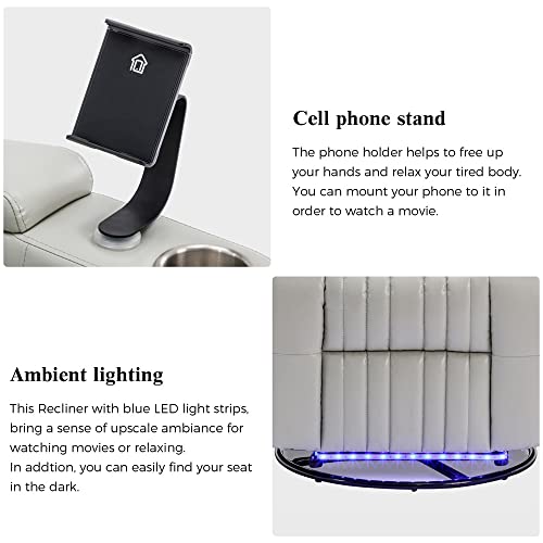 Power Swivel Rocker Recliner Chair, Modern PU Leather Lounge Chair with 360° Swivel Tray Table & Phone Holder & LED Light Strip & USB Charging Port & Cup Holders, Home Theater Single Sofa Chair, Grey
