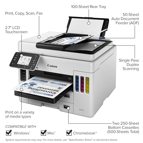 Canon Megatank GX7120 Wireless All-in-One Printer, Print, Copy, Scan and Fax with 2.7" LCD Touch Screen and Auto Document Feeder, White