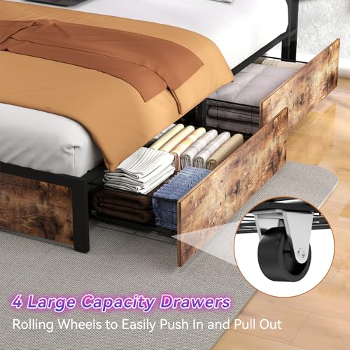 SADENICEL Queen Bed Frame with Storage Headboard and 4 Drawers, Metal Platform Bed Frame with LED Light, Charging Station, No Box Spring Needed, Noise Free, Easy Assembly, Vintage Brown
