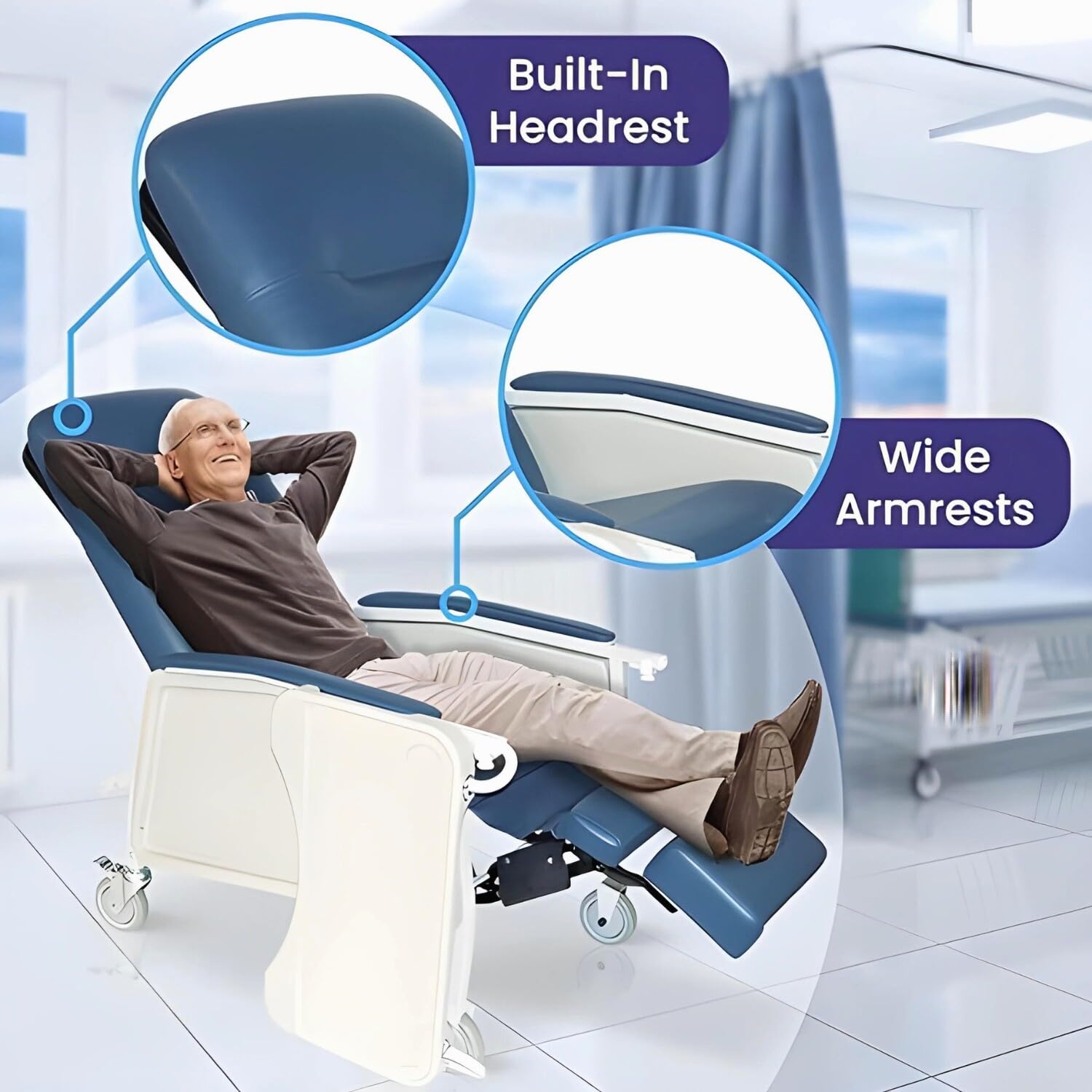 Medacure Reclining Geri Chair - Bariatric Options, 3 Positions, Retractable Lock Bar, Large Tray, 500 Lbs Weight Capacity, Dimensions - 47.5" H x 32" W x 41.5" D - GC500