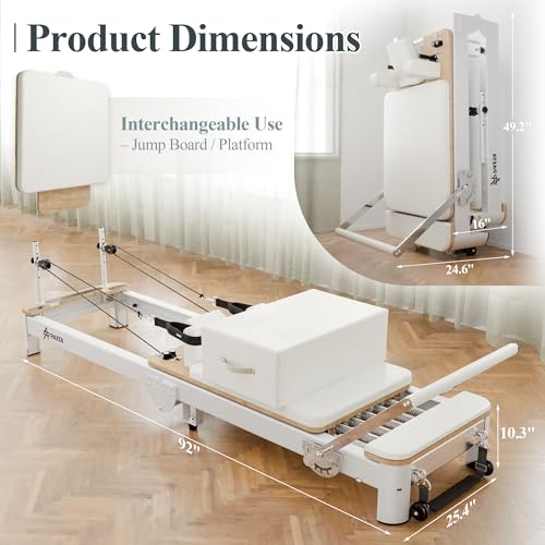 PAETA Pilates Reformer, 92” Aluminum Reformer Pilates Machine, Foldable Pilates Machine Equipment, with Music Wire Springs and Jump Boards, White