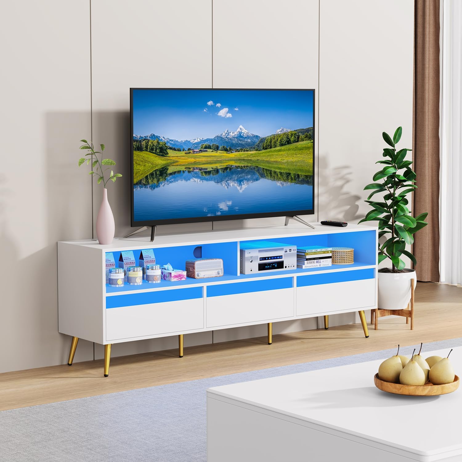 TV Stand 65 inch with LED Light and Power Socket, Modern TV Stand with 3 Drawers, Entertainment Center, Living Room TV Stand for 75 inch TV, White