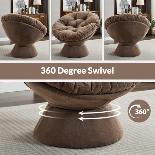 Modern Chenille Upholstered Papasan Chair 360° Swivel Accent Chair with Tufted Backrest,Comfy Round Swivel Barrel Chair with Sturdy Base Oversized Reading Chair for Living Room Bedroom,Yellow
