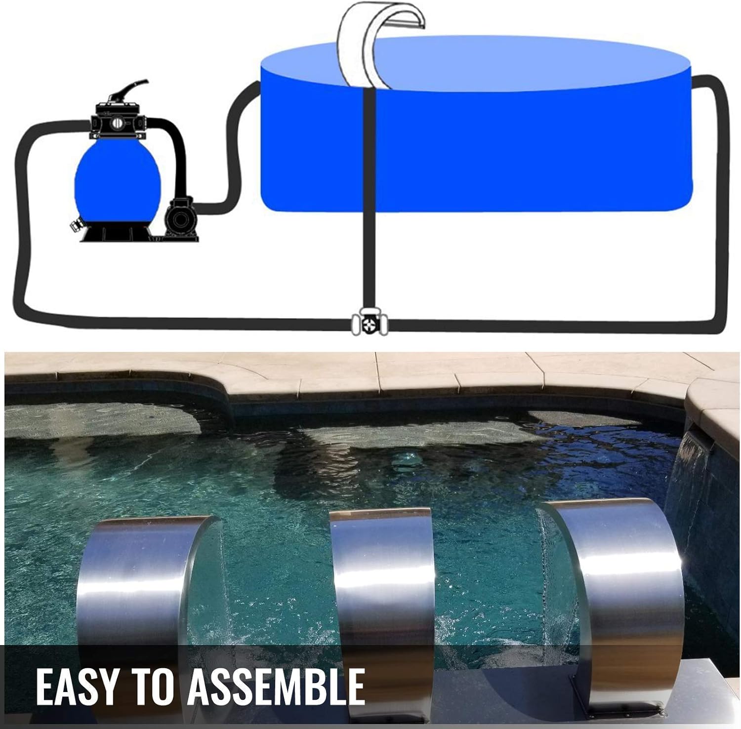 Pool Fountain Stainless Steel 7.9X4.5 Inch, Pool Waterfall Fountain 304 Stainless Steel, Pool Fountains for Inground Pools, Garden Outdoor Waterfalls Sheer Descent Pond Waterom Water Inlet
