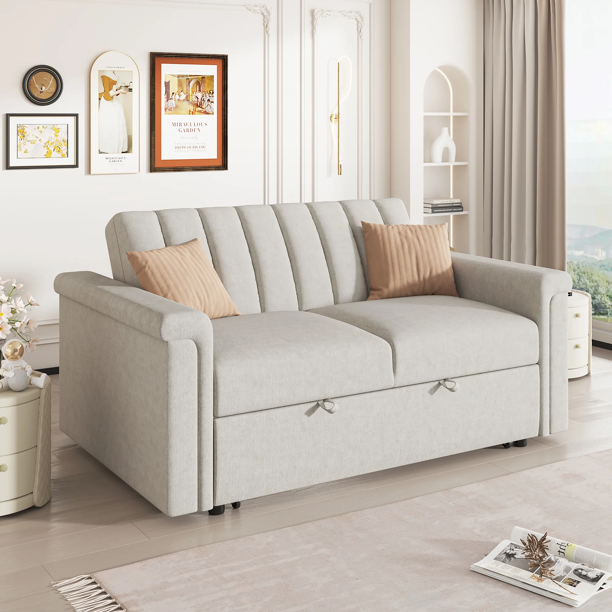 EUROCO 61.4" Longer Pull Out Sofa Sleeper Couch, 3-in-1 Convertible Sleeper Sofa Bed , Breathable Chenille Sleeper Loveseat with 3 Backrest Adjustments,Weight Capacity 660LBS