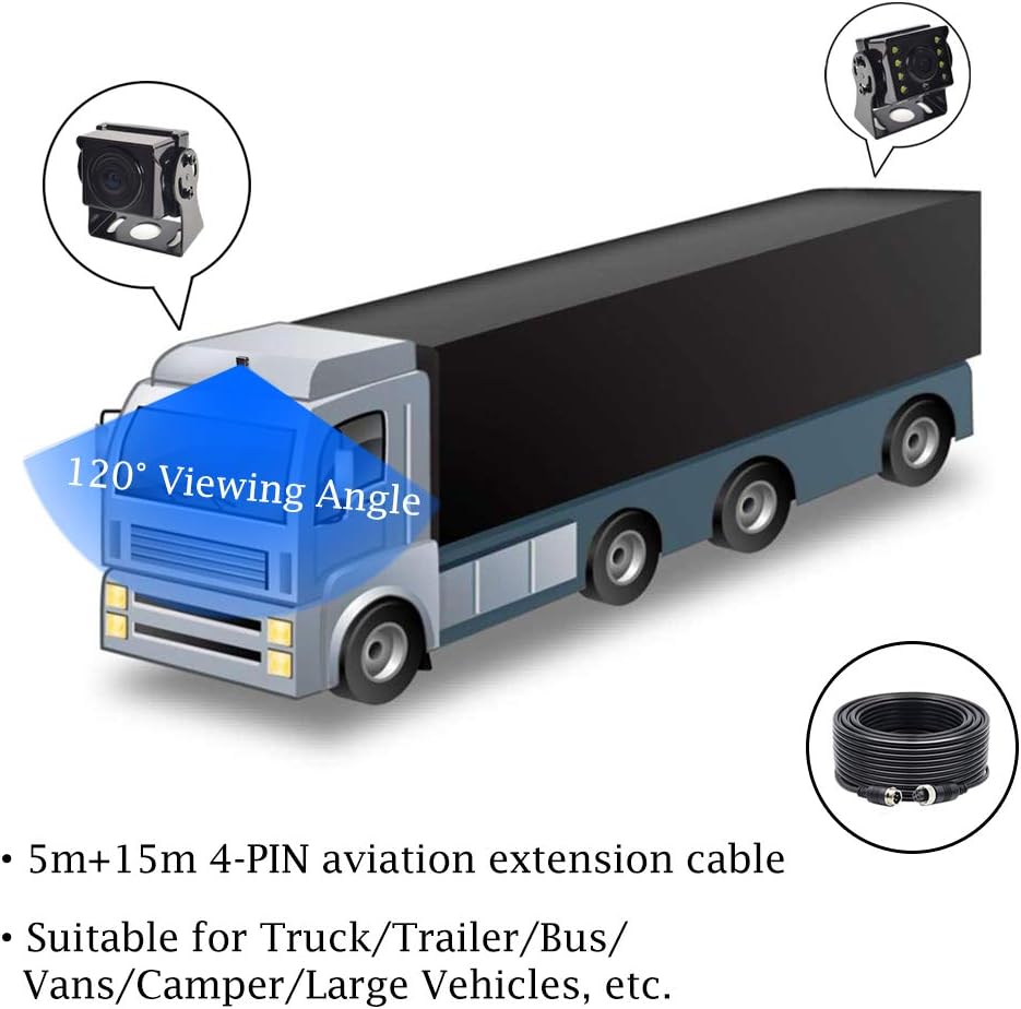 AHD Car Backup System with DVR 7 inch IPS Monitor with Rear & Front View Camera Dual Recording for Truck Bus Trailer Motorhome Caravan Camper Surveillance 4-PIN Aviation Plug 12V-24V Night Vision