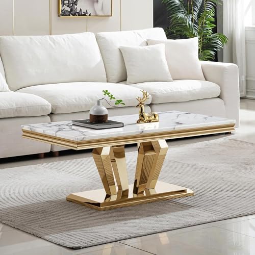 4 Piece Living Room Table Set, Faux Marble Coffee Table, Gold Console Table and 2 Gold End Tables, Rectangular Luxury Gold Coffee Table Set of 4 with Stainless Steel Diamond-Shaped Base