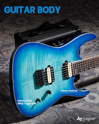 Leo Jaymz Electric Guitar Monsoon Series,Reverse Headstock,Mahogany Body,Roasted Maple Neck,Rosewood Fretboard,Locking Tuners,Rounded End Frets,AlnicoV Pickups,Fixed Bridge (Blue Flame)