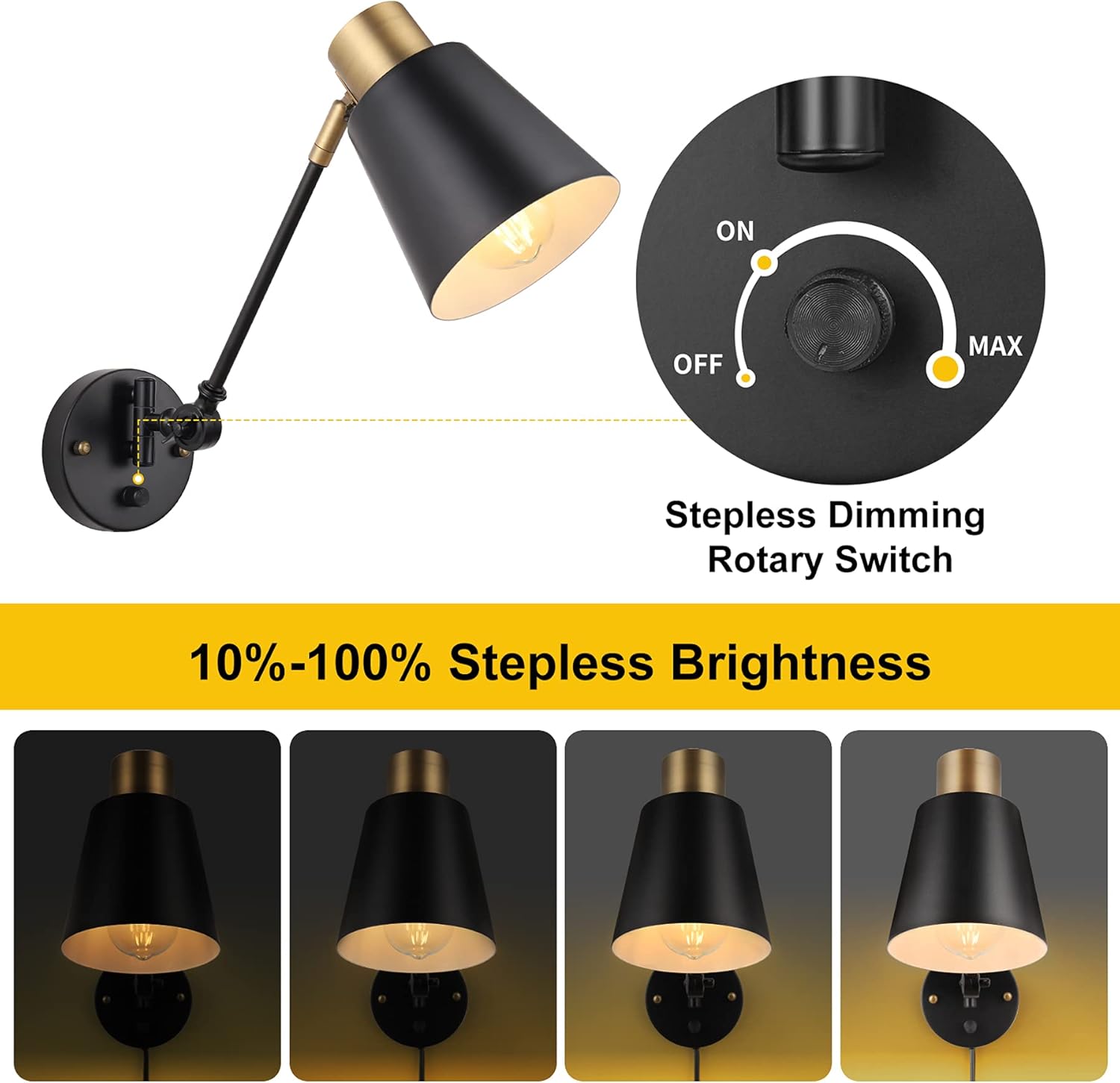 Dimmable Wall Lamp with Plug in Cord, ENCOMLI Plug in Wall Sconces, Swing Arm Sconces Wall Lighting with On Off Switch, Metal Black Brass Industrial Wall Sconce Plug in Wall Light, E26 Base