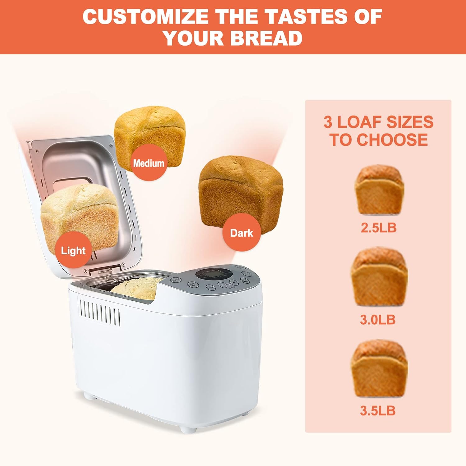 3.5LB Bread Maker Machine 15-in-1 Automatic Bread Machine with Dual Kneading Paddles Breadmaker with Touch Panel&LCD Display,Gluten Free Setting,3 Loaf Sizes 3 Crust Colors,White