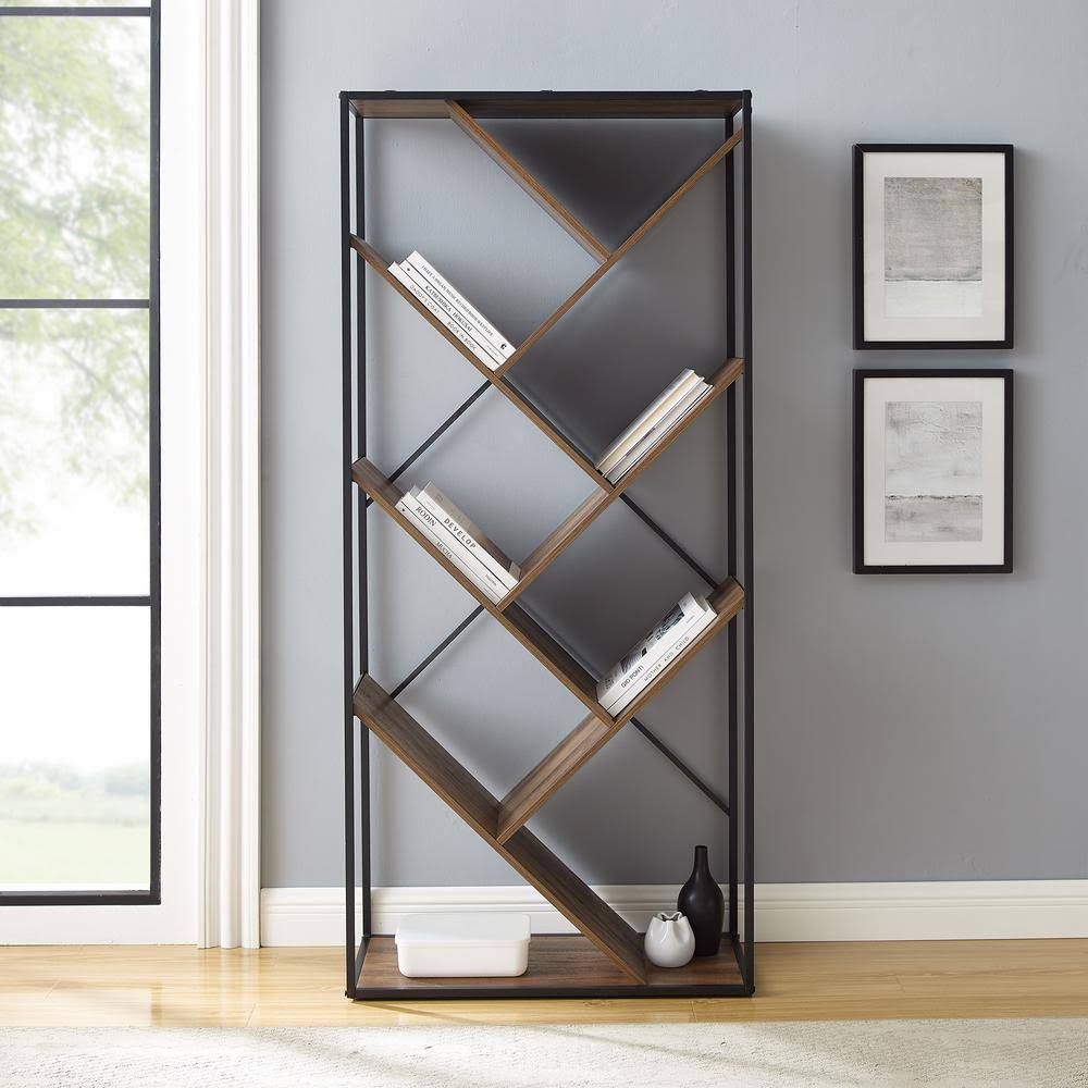 Welwick Designs 68 in. Reclaimed Barnwood Wood and Metal 6-Shelf V Bookcase with Angled Shelves