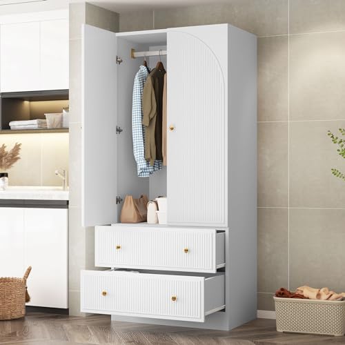 QHITTY Freestanding Bedroom Armoire Wardrobe with 2 Drawers, Bedroom Chest Clothes Storage with Clothing Rod and 2 Storage Doors for Bedroom, Living Room White