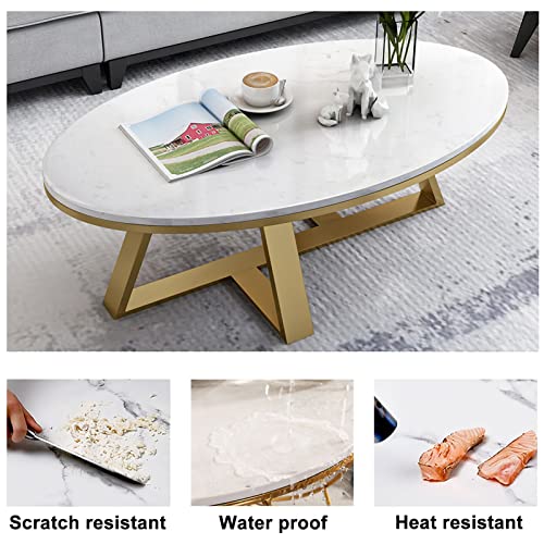 Marble Coffee Table - Oval Sintered Stone Top with Marble Texture | Stylish White Center Table for Living Room | Stable Metal Frame | Ideal for Small Spaces Home Office | 31in 35in