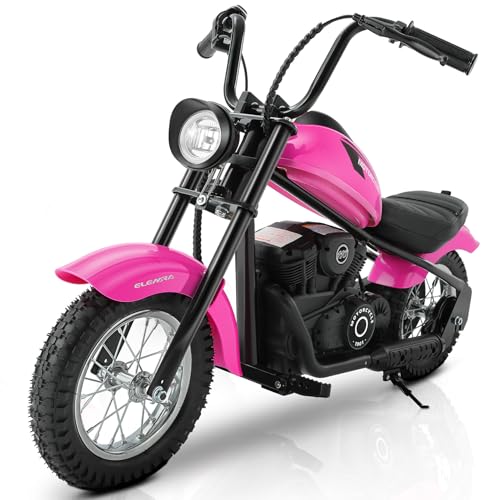 ELEMARA Electric Dirt Bike, 15 mph & 150lb Max, 24V Ride on Toy for Big Kids w/LED Lights & Power Display, Chain-Driven Motor, Twist-Grip Throttle, Shock Springs, Handbrake, 12" Air-Filled Tires-Black