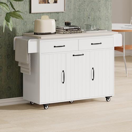 60" Kitchen Island with Drop Leaf and Power Outlet, Rolling Kitchen Cart on Wheels with Trash Can Storage Cabinet, Spice Rack, Towel Rack and Adjustable Shelf for Dining Room