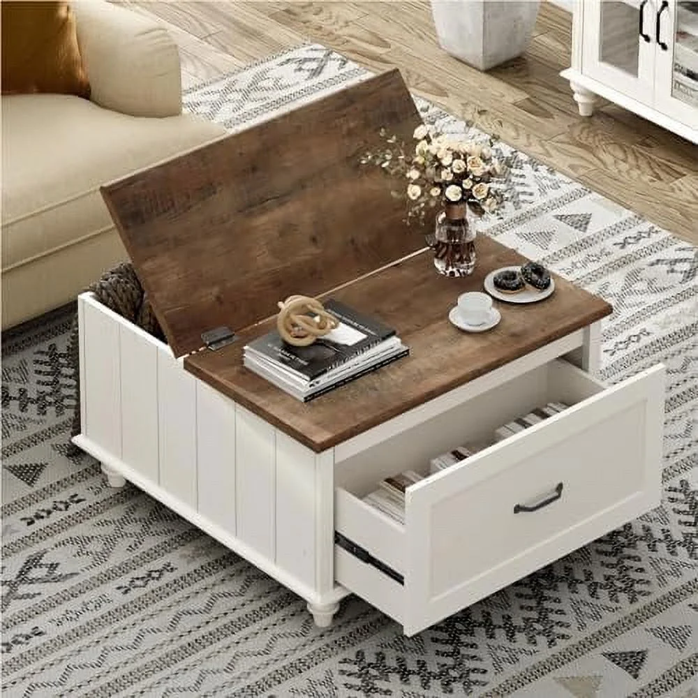 RUNFAYBIU Farmhouse Coffee Table with   Square Coffee Table with Lift Top &amp; Drawer  Wood Center Table for Living Room  Home  Office  White