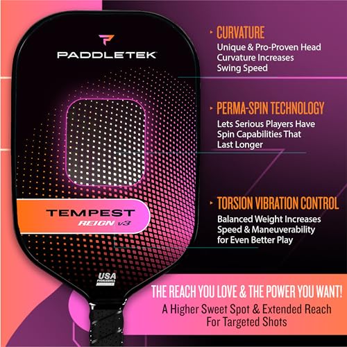 Paddletek Tempest Reign V3 Pickleball Paddle | Professional Pickleball Paddles with Polymer Honeycomb Core, ICED Carbon Fiber Surface, Tempest PolyCore & High Tack Performance Grip | USAPA Approved