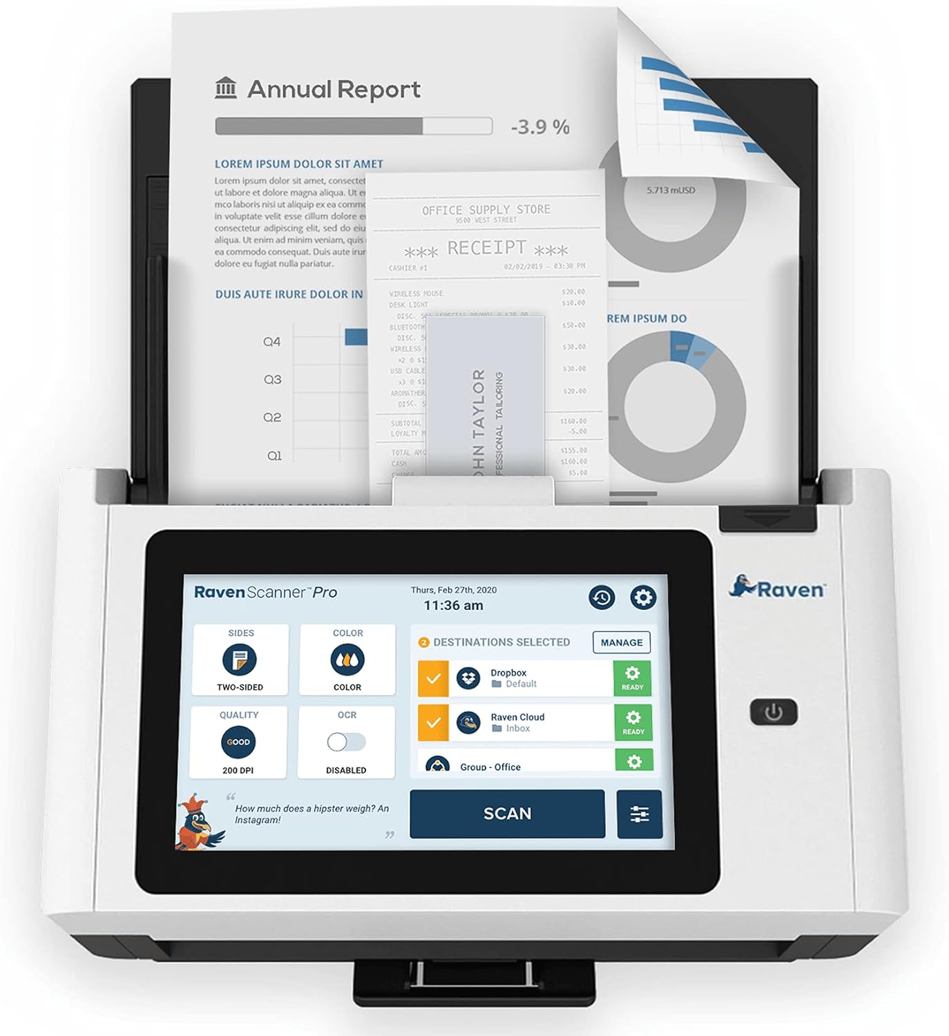 Raven Pro Document Scanner - Huge Touchscreen, High Speed Color Duplex Feeder (ADF), Wireless Scan to Cloud, WiFi, Ethernet, USB, Home or Office Desktop