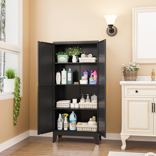 75.2" Tall Metal Pantry Cabinet, Storage Cabinets with 4 Door and 4 Adjustable Shelves, Black Kitchen Pantry Storage Cabinet, Freestanding Cupboard for Kitchen Dining Room Living Room Bathroom