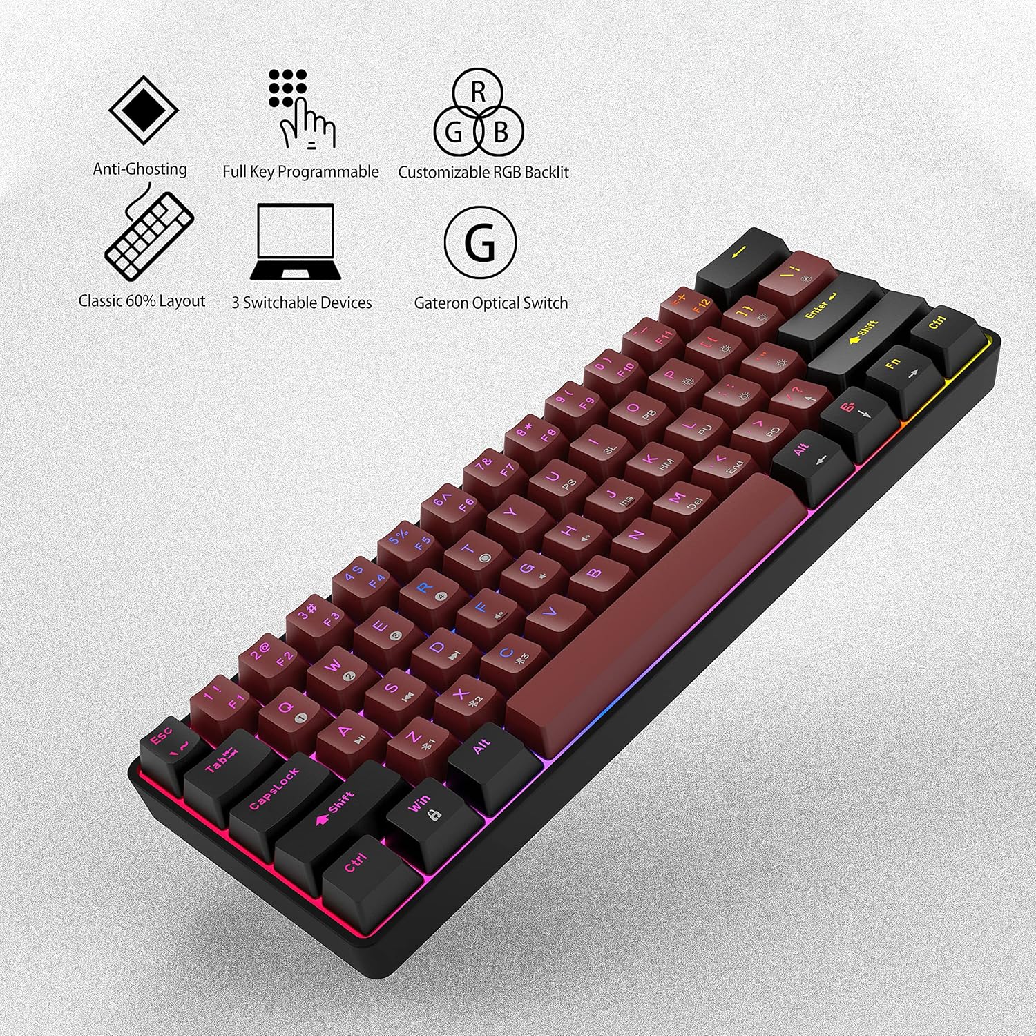 TMKB GK61 60% Mechanical Gaming Keyboard,Hot Swap Dual-Mode RGB Blacklit Ultra-Compact Mini Compact 61 Keys Keyboard for PC/Mac Gamer Full-Key Programmable (Red Switch)