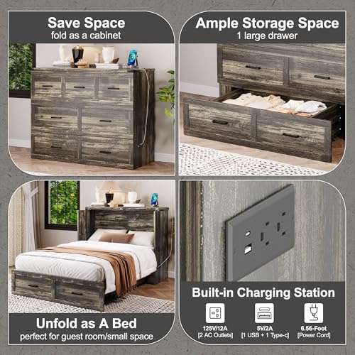 Bellemave Queen Murphy Bed, Cabinet Bed with Charging Station and Storage, Farmhouse Murphy Cabinet with Foldable Panel, Noisy Free, for Guest Bedroom, Living Room, Office, Rustic Gray