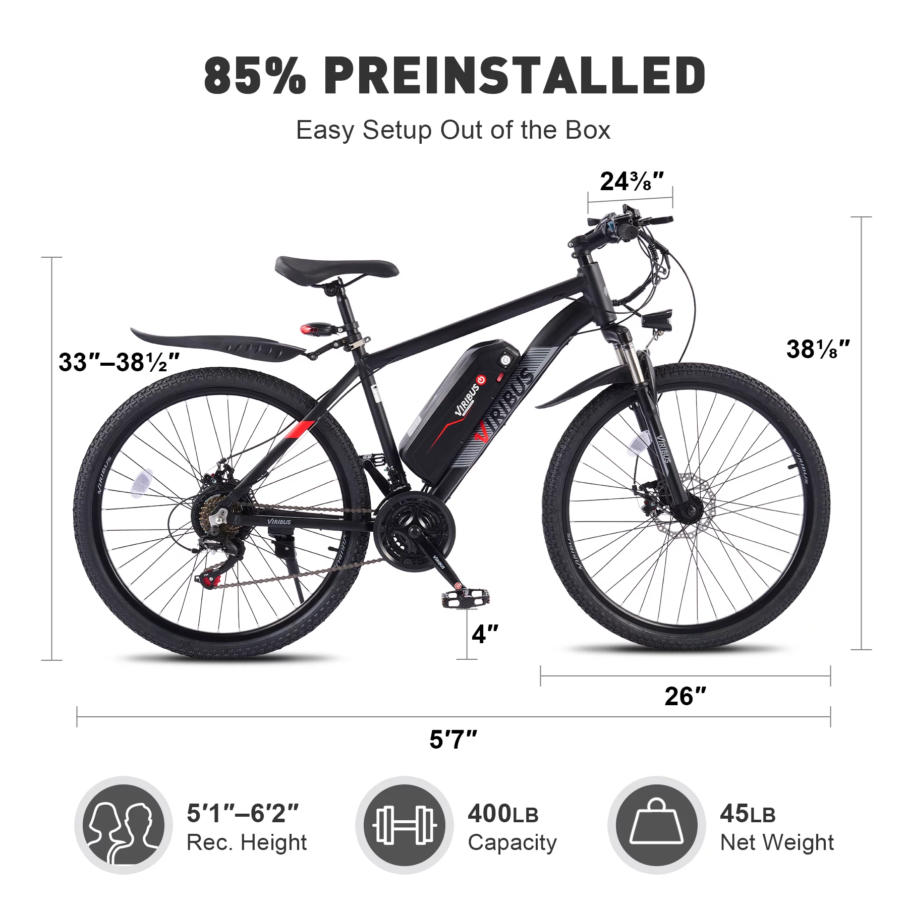 Viribus Electric Mountain Bicycle 26" 350W Adult Electric Bike 48V Lithium Battery Black