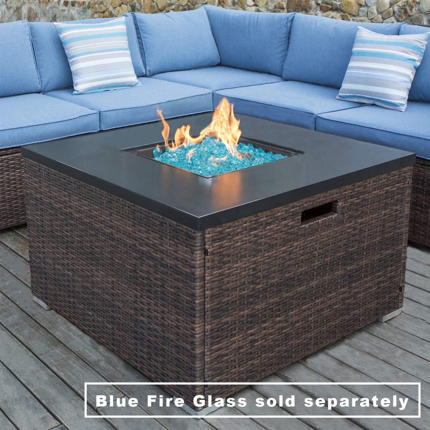 COSIEST Outdoor Propane Fire Pit 32-inch Square Espresso Brown Wicker Fire Table, 40,000 BTU Stainless Steel Burner,Fits 20lb Tank Outside, Free Lava Rocks and Cover