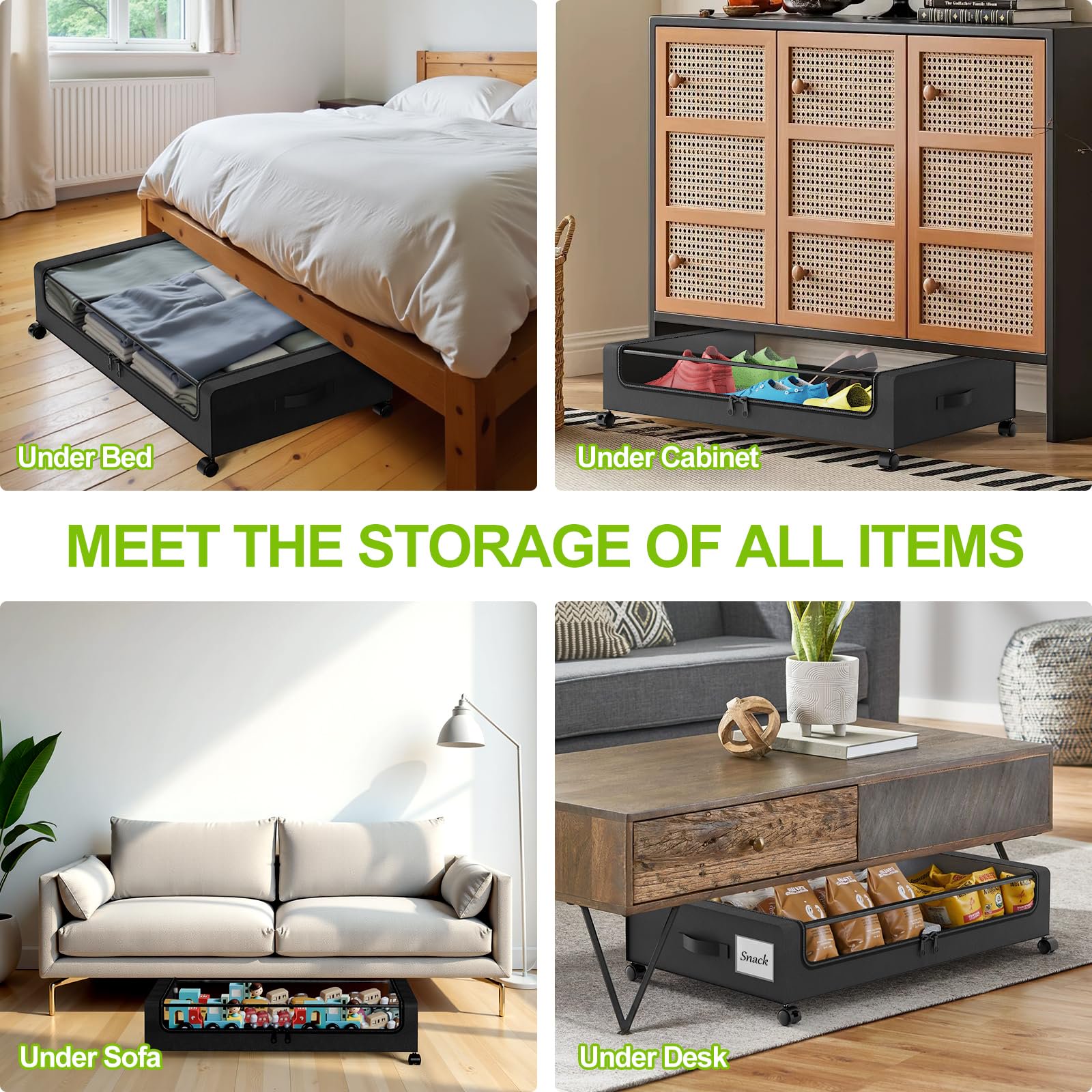 Underbed storage with wheels, 2 pack rolling storage containers, clear lid shoe organizer for seasonal clothes blankets holiday decorations, compact design, black