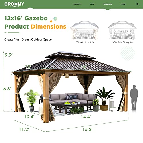 EROMMY 14'x20' Hardtop Gazebo Double Roof Galvanized Steel Canopy Outdoor Aluminum Frame Permanent Metal Pavilion with Netting and Curtains for Patio Backyard Deck and Lawns