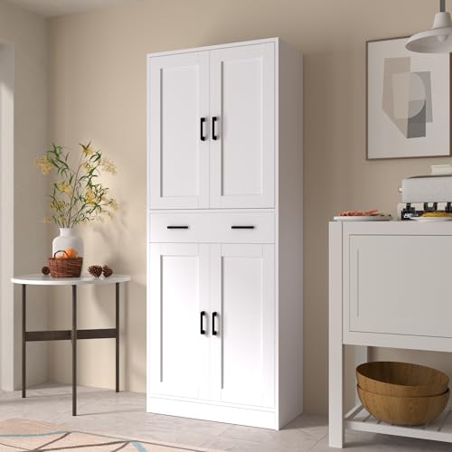 White Kitchen Pantry Cabinet, 71" Tall Kitchen Storage Cabinet with doors and drawer, Freestanding Wooden Storage Cabinet for Kitchen, Dining room, Hallway