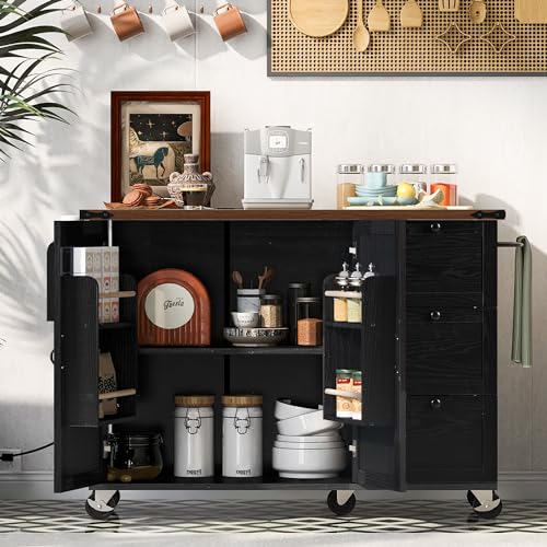 Kitchen Island with Storage, Rolling Kitchen Island Cart On Wheels with Power Outlet & Drop Leaf Countertop, Mobile Island Table for Kitchen with 2 Drawers 2 Cabinet, Spice Rack, Towel Rack, Black