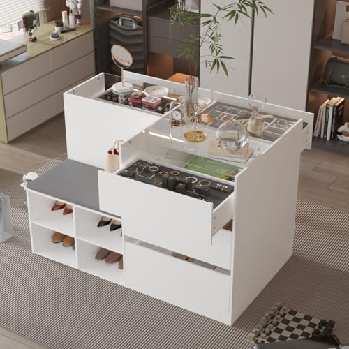 MOUMON Armoire Wardrobe Closet with Glass Tabletop & 9 Drawers, Glass Armoire Island with Cushion Bench & Shelves, Wardrobe Display Cabinet for Bedroom Cloakroom Store White, 27.6”D x 47.2”W x 31.5”H