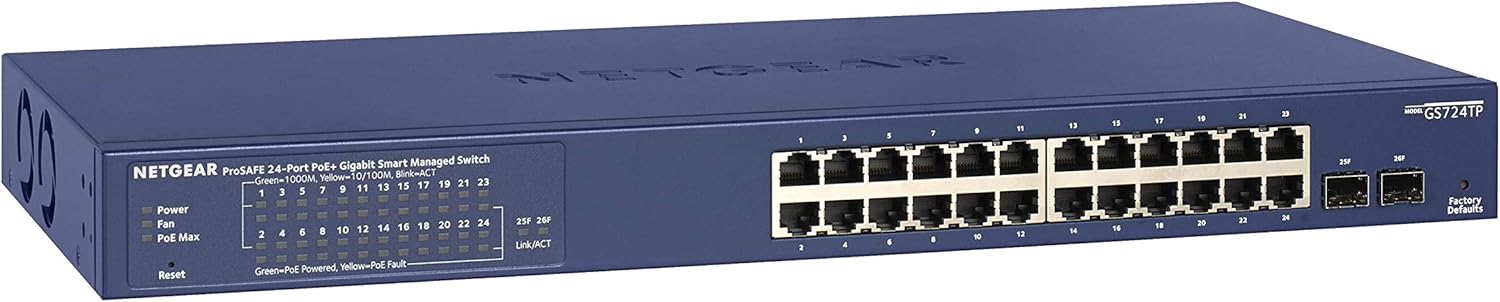 NETGEAR 26-Port PoE Gigabit Ethernet Smart Switch (GS724TP) - Managed, 24 x 1G, 24 x PoE+ @ 190W, 2 x 1G SFP, Optional Insight Cloud Management, Desktop or Rackmount, and Limited Lifetime Protection