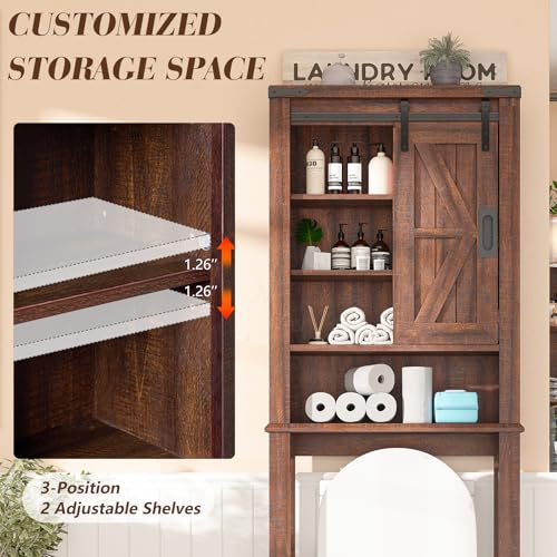 Farmhouse Over The Toilet Storage Cabinet, 68" Tall Bathroom Storage Cabinet with Sliding Barn Door & Adjustable Shelves, Above Toilet Storage for Bathroom, Laundry Room, Rustic Oak & White
