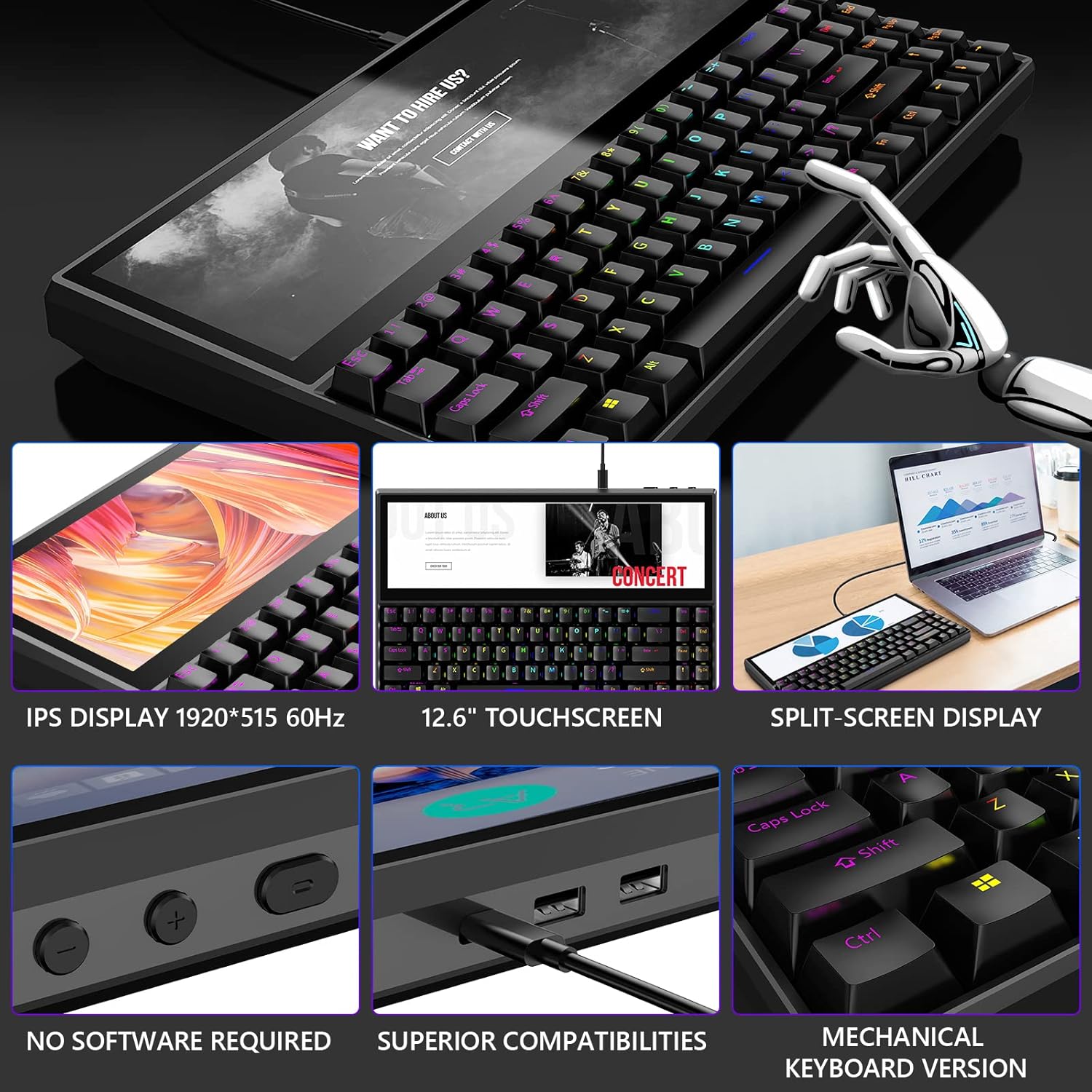 Ficihp Mechanical Keyboard, Built-in 12.6 Inch Touchscreen, Compact 71 Keys RGB LED Backlit N-Key Multifunctional Split Screen Keyboard for Mac Windows Android - Black