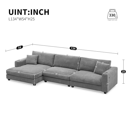 Oversized Corduroy Sectional Sofa, L Shaped Cloud Couch with USB Charging Port,Cup Holder,Deep Seat Sofa Bed with 50" Chaise, Comfy Indoor Furniture for Living Room Apartment (Beige)