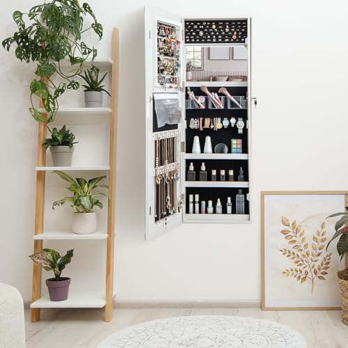 Giantex Jewelry Cabinet Armoire Door Wall Mount, 47.2in Lockable Touch Screen Lighted Full Length Mirror, 3 Lighting Settings, Inside Makeup Mirror, Jewelry Storage Box Organizer (Black)