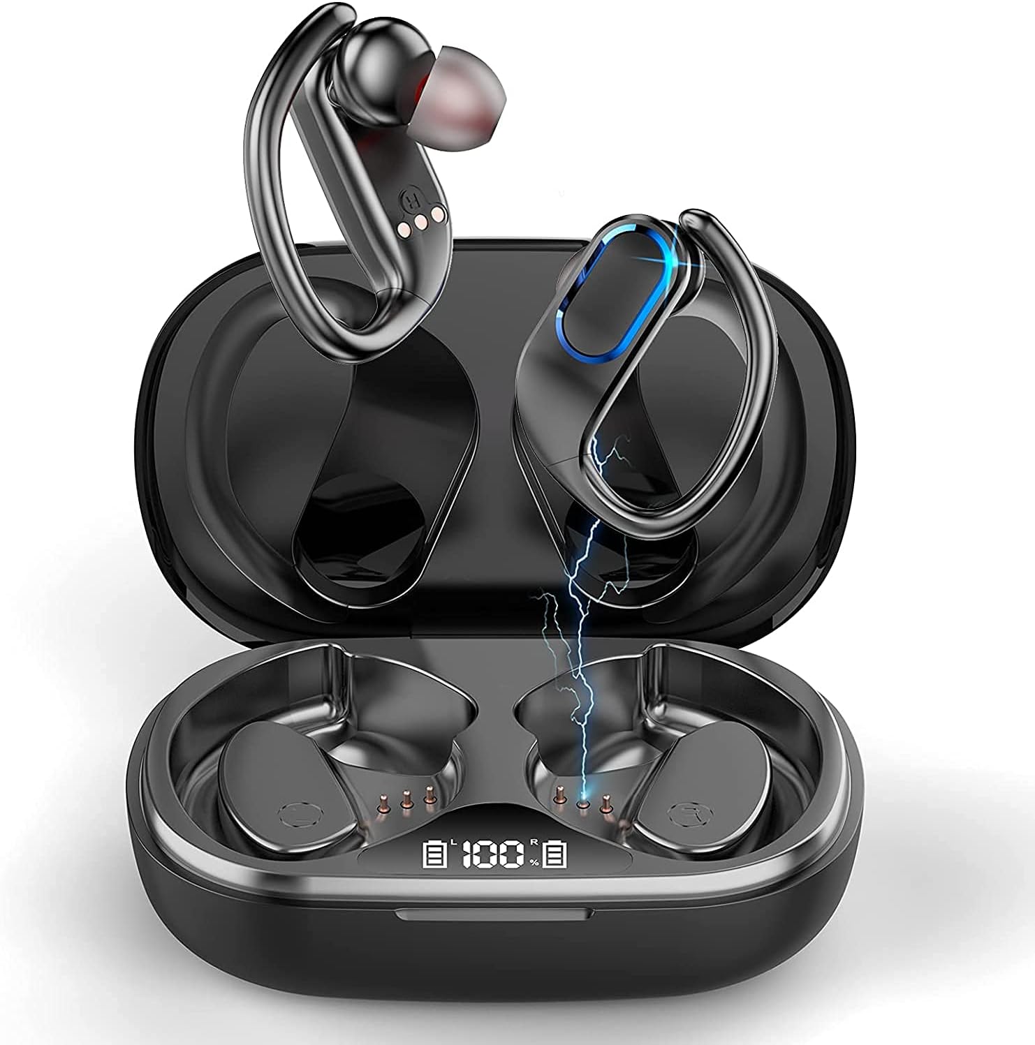 Wireless Earbuds Sports, in-Ear Bluetooth Headphones Waterproof 100H Playtime Earhooks Headset Stereo CVC8.0 Noise Cancelling Wireless Earphone with Charging Case for Workout Running Gym Pack of 2