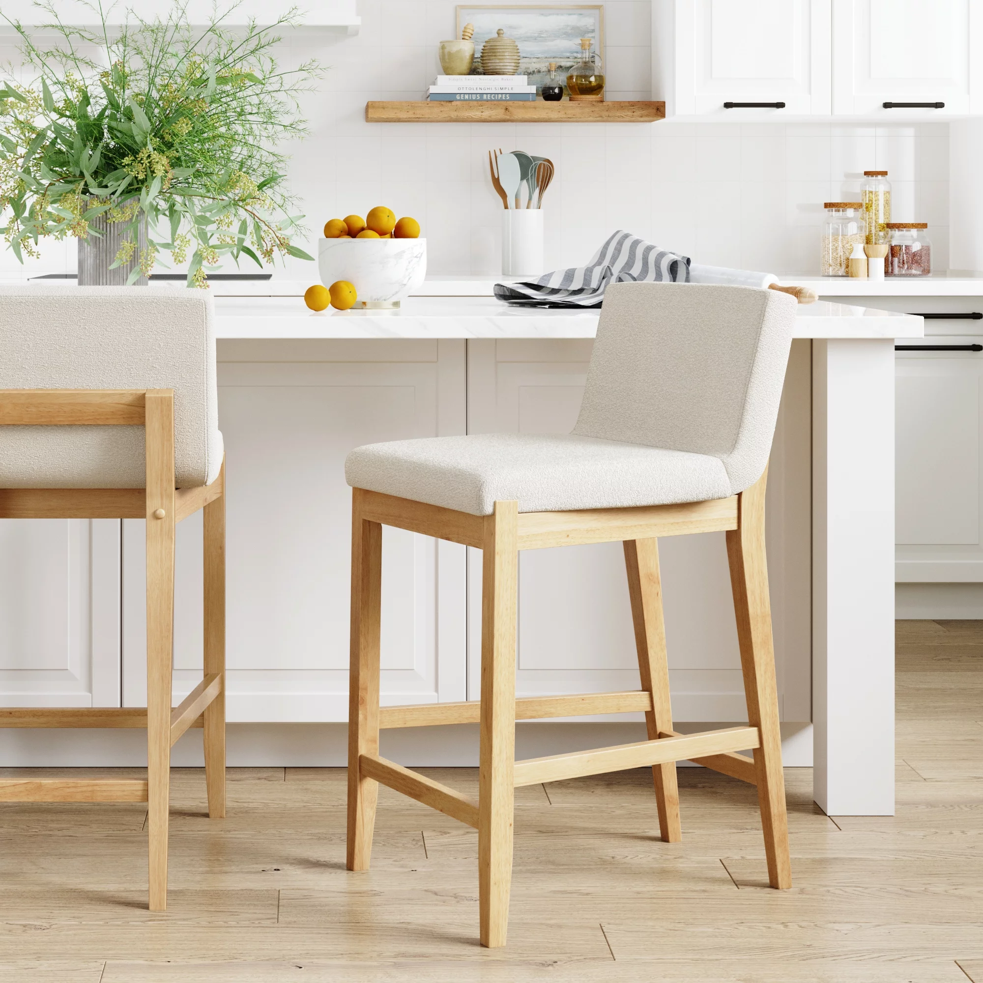 Gracie Modern Counter Height Bar Stool with Back, Counter Stool Upholstered Chair with Natural Textured Boucle Linen and Brushed Wooden Legs, White/Light Brown