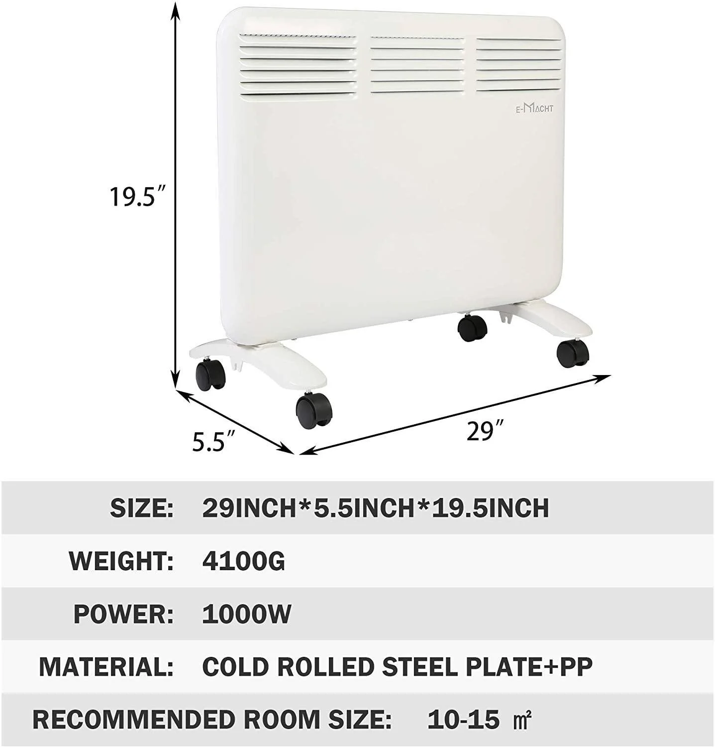 1000W Electric Radiator Space Heater, Portable Electric Heater, Full Room Quiet Panel Heater With Adjustable Thermostat, Led Display