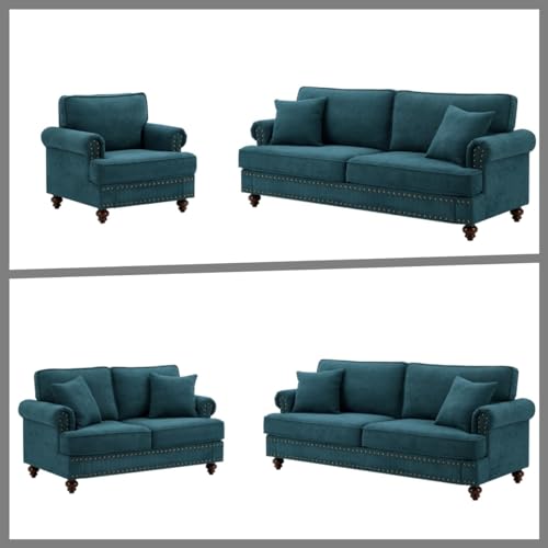 Chesterfield Sofa Classic Large Sofa Fabric Modern 3 Seater Button Tufted Couch Furniture with Rolled Arms and Nailhead for Living Room Office Bedroom Apartment Green