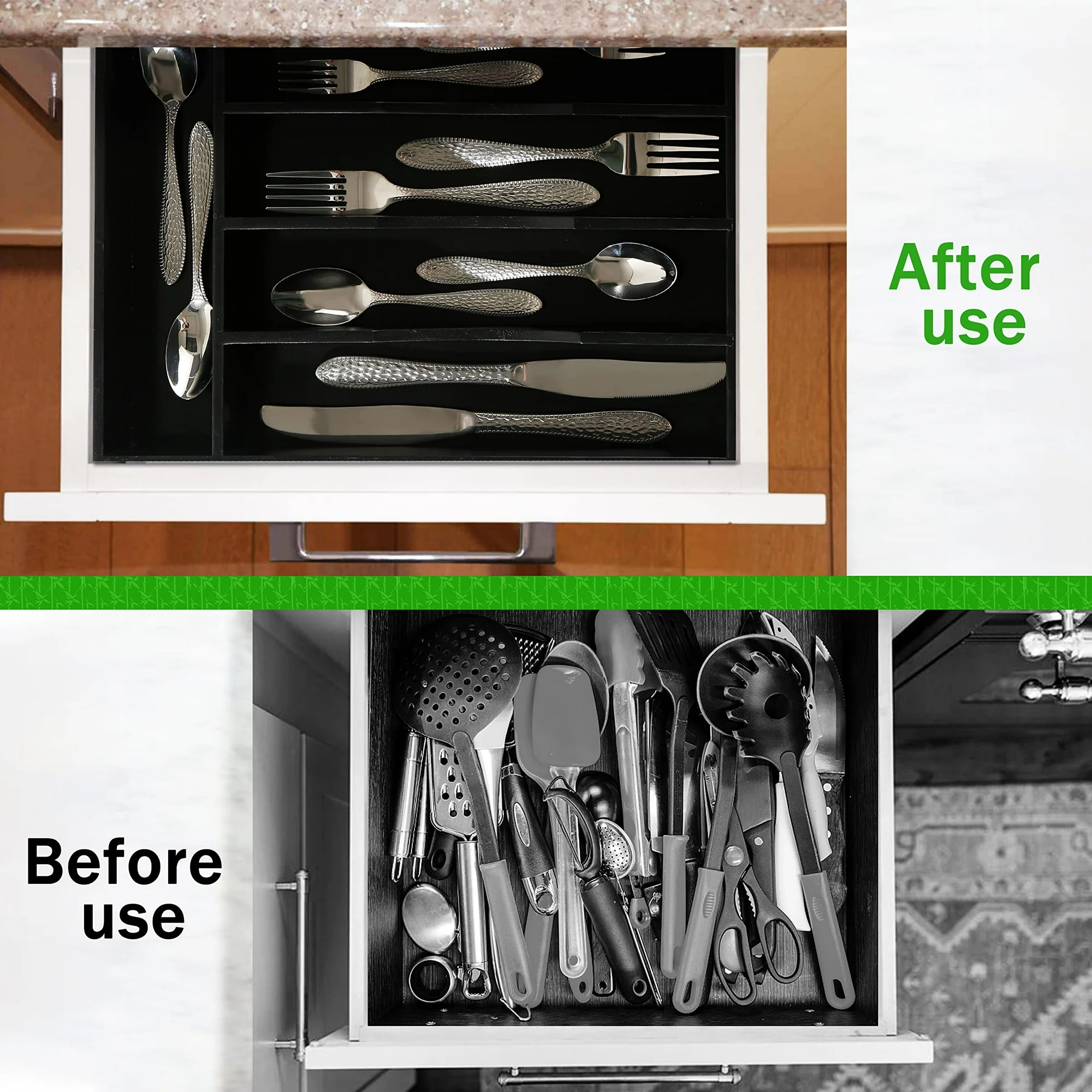 Kitchen Drawer Organizer for Silverware, Bamboo Wood Utensil Tray 10x14 Inches, 5-Section Cutlery Holder, Flatware Storage Solution, Black