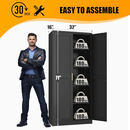 71" Tall Metal Storage Cabinet, Kitchen Pantry Storage Cabinets with Doors and 4 Shelves, White Pantry Cabinet, Utility Kitchen Cupboard, Large Steel Cabinets for Dining Room, Office, Living Room