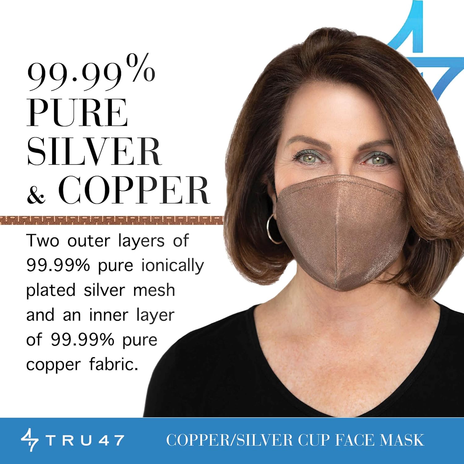 TRU47 Copper and Silver Cup Face Mask - Triple Protection Face Mask with Copper Fabric and Two Layers of 99.99% Ionically Plated Silver / Full-Coverage Face Mask for Added Protection