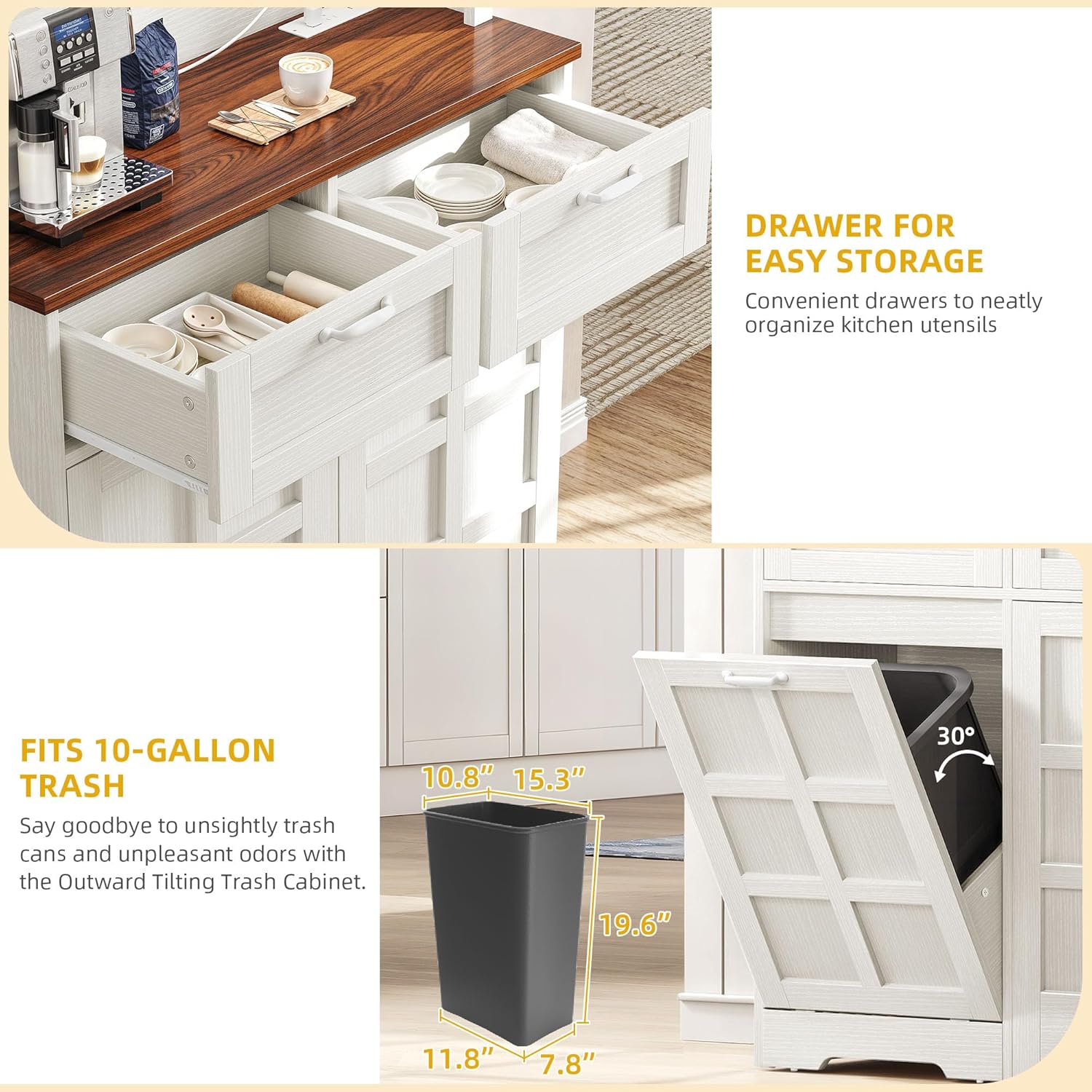 DWVO Kitchen Pantry Cabinet, Storage Cabinet with Trash Can, Tilt-Out Trash Can Cabinet, Tall Kitchen Cabinet, White Oak