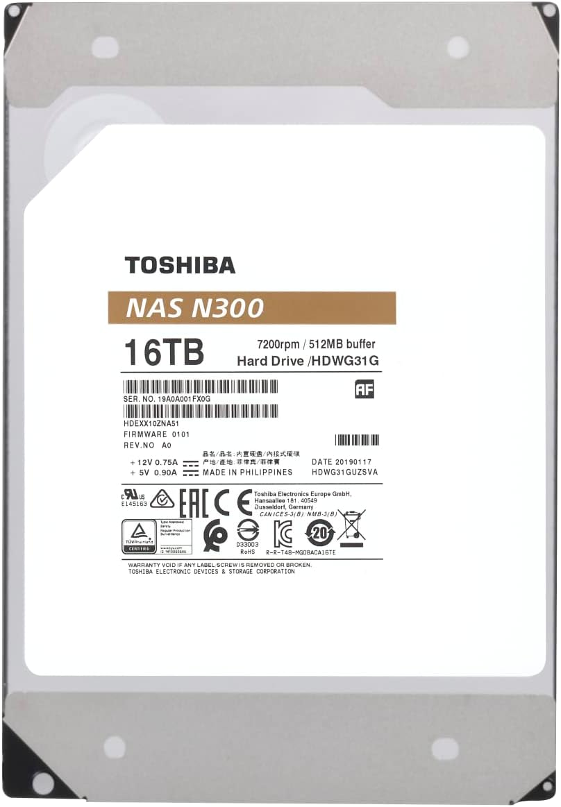 Toshiba 16TB N300 Internal Hard Drive – NAS 3.5 Inch SATA HDD Supports Up to 8 Drive Bays Designed for 24/7 NAS Systems, New Generation (HDWG31GUZSVA)
